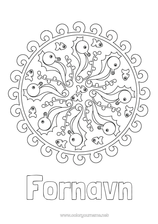 Fargeleggingssiden til utskrift Mandala Hav Dyr Hippocampus Marin eller akvatisk dyr