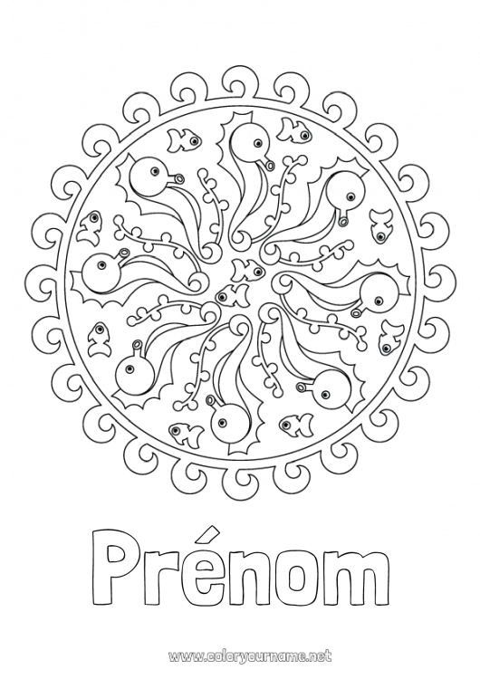 Coloriage à imprimer Mandala Mer Animal Hippocampe Animaux marins ou aquatique