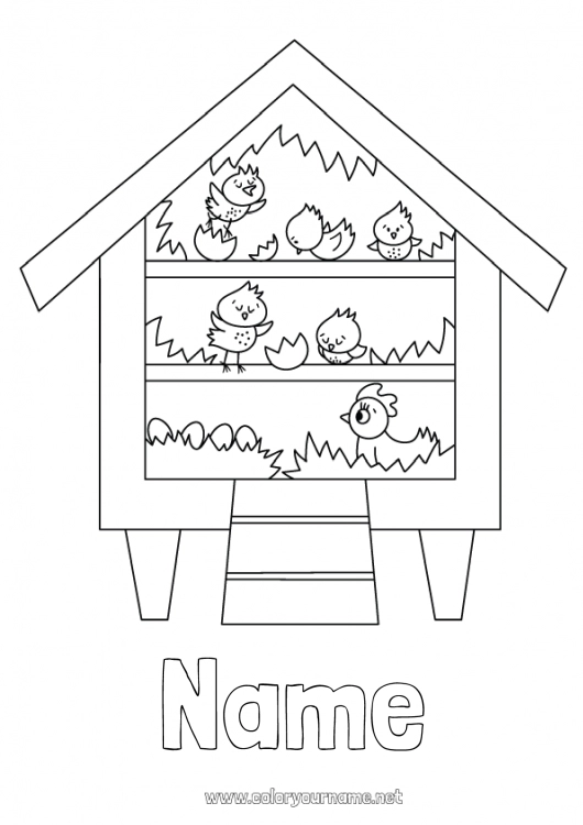 Coloring page to print Hen Chick Animal Farm House Farm animals