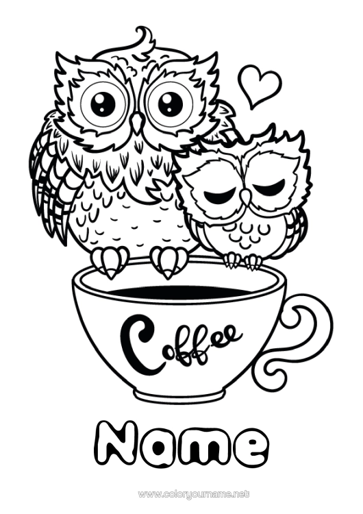 Colouring page to print Heart Happy Birthday I Love You. Mug Owl, Tawny Owl Animal Café Drink Birds And Flying Mammals