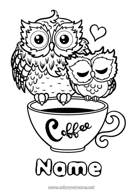 Coloring page to print Heart Happy feast day ! I love you Mug Owl Coffee Drinks Flying birds and mammals