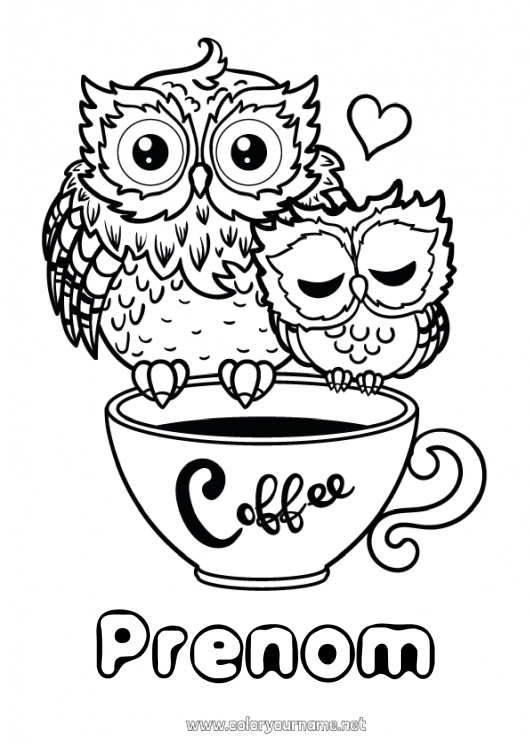 Coloriage à imprimer Coeur Bonne fête Je t'aime Tasse Chouette, Hibou Café Boisson Oiseaux et mammifères volants