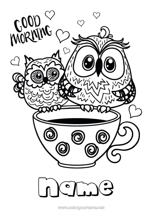 Colouring page to print Mug Owl, Tawny Owl Animal Café Drink Birds And Flying Mammals