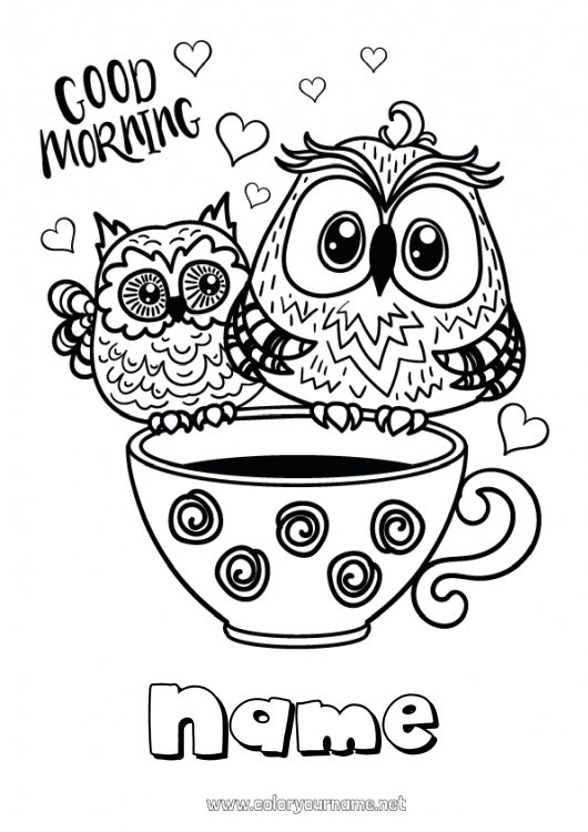 Coloring page to print Mug Owl Coffee Drinks Flying birds and mammals