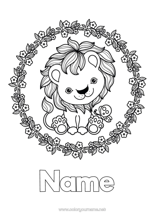 Colouring page to print Cute Flowers Lion Animal Wild Animals Of Africa