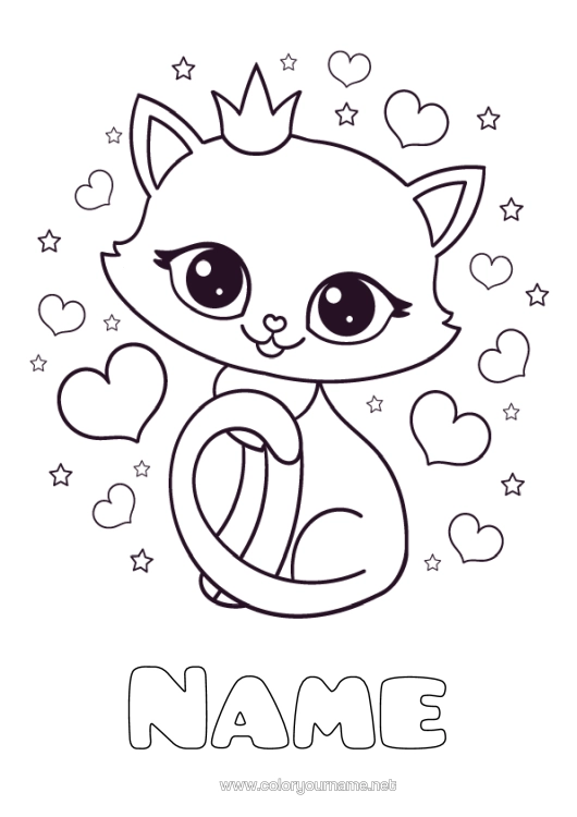 Colouring page to print Cute Heart Cat Animal Crown Dogs And Cats