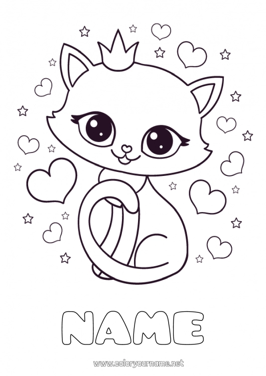 Coloring page to print Cute Heart Cat Animal Crown Dog and cat