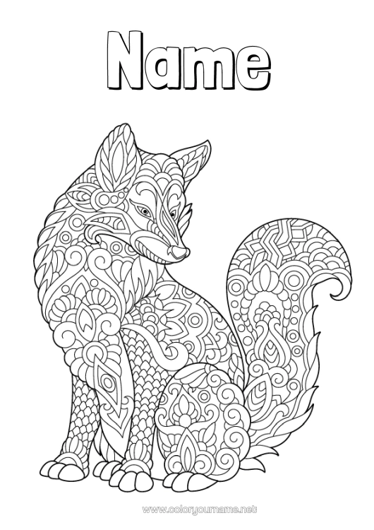 Colouring page to print Wolf Mandala Fox Animal Forest Animals