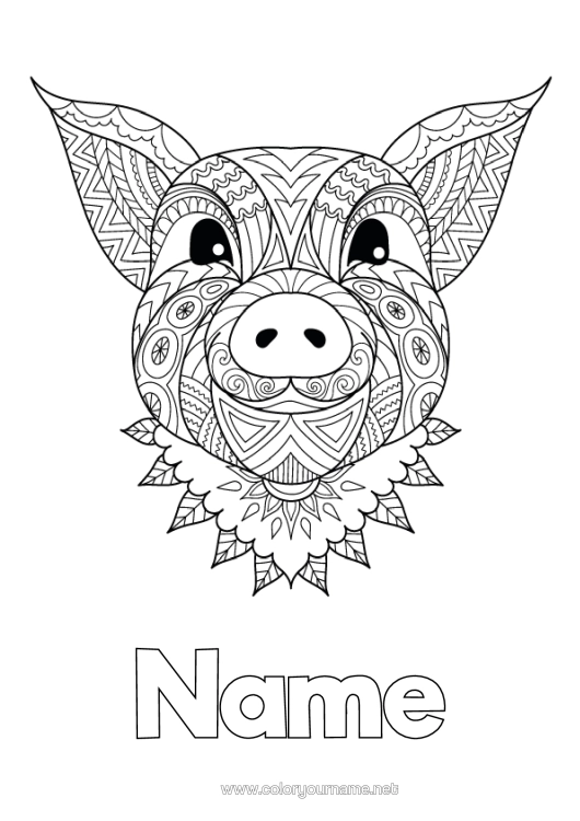 Colouring page to print Mandala Pig Animal Chinese New Year Farm Animals