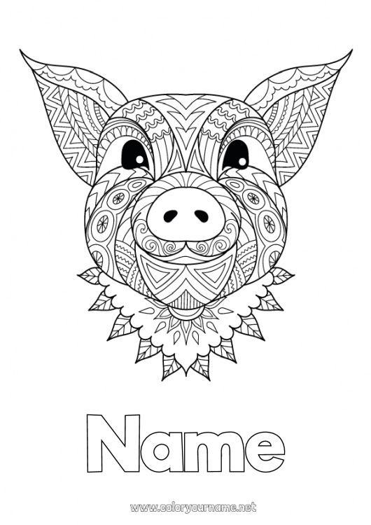 Coloring page to print Mandala Pig Chinese New Year Farm animals