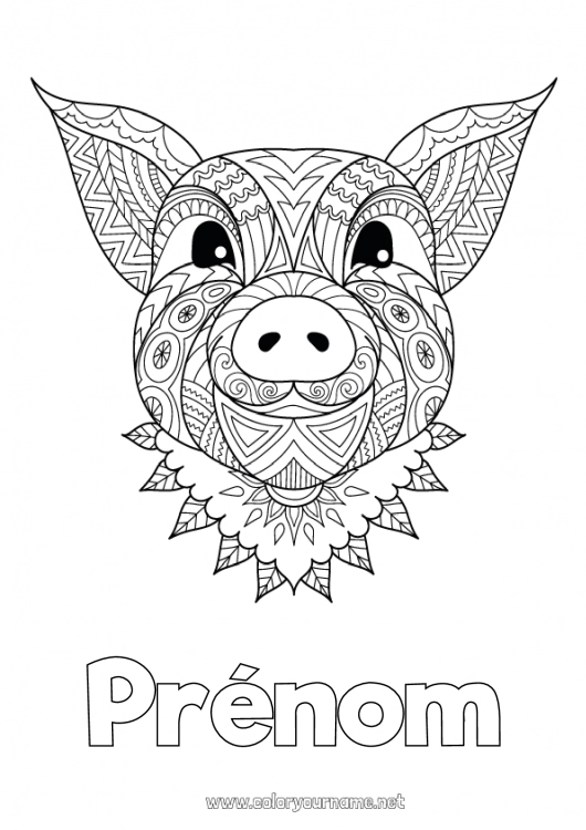 Coloriage à imprimer Mandala Cochon Nouvel An chinois Animaux de la ferme