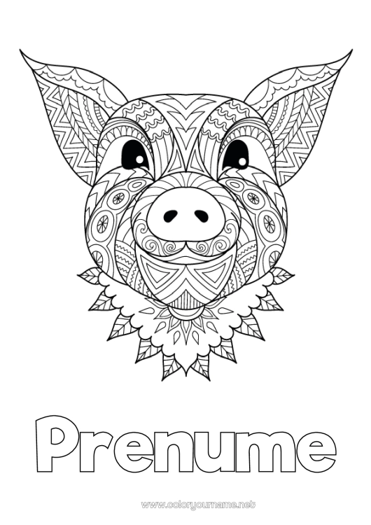 Pagină de colorat de imprimat Mandala Porc Animal Anul Nou Chinezesc Animale de fermă