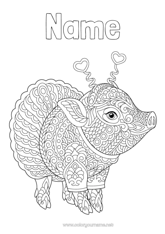 Colouring page to print Disguise Cute Mandala Pig Animal Mardi Gras Farm Animals