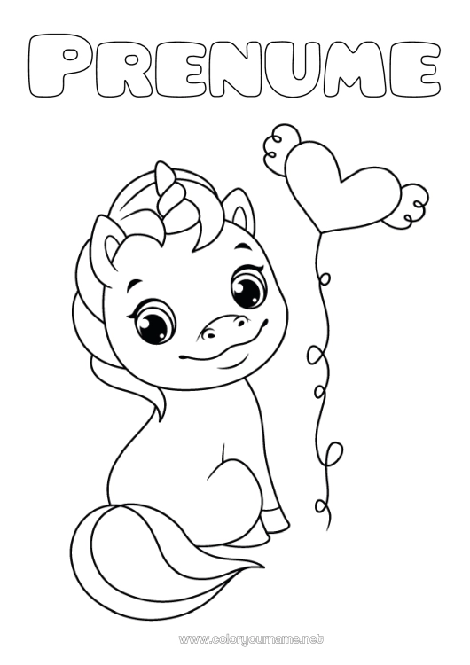 Pagină de colorat de imprimat Drăguț Inimă Unicornă Animal Desene de colorat ușoare Dragoni, unicorni și animale fantastice