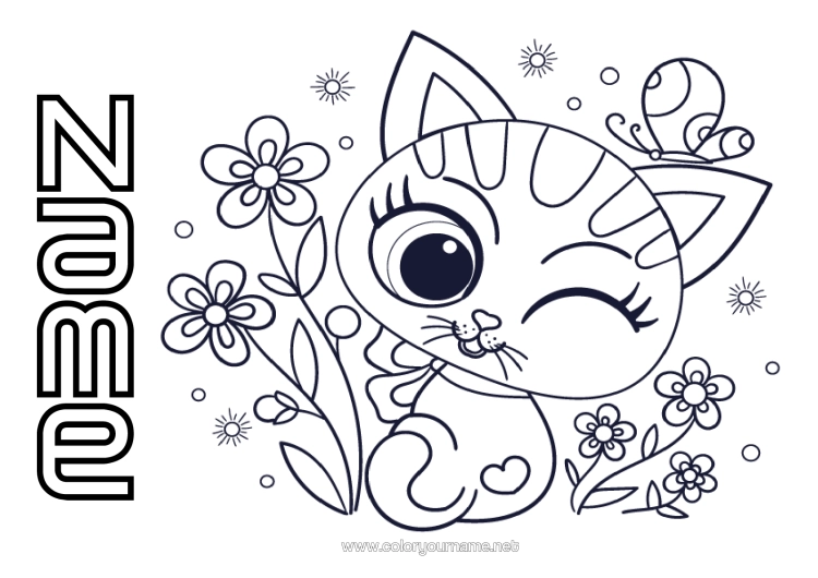 Colouring page to print Cute Flowers Cat Butterfly Animal Insects Dogs And Cats