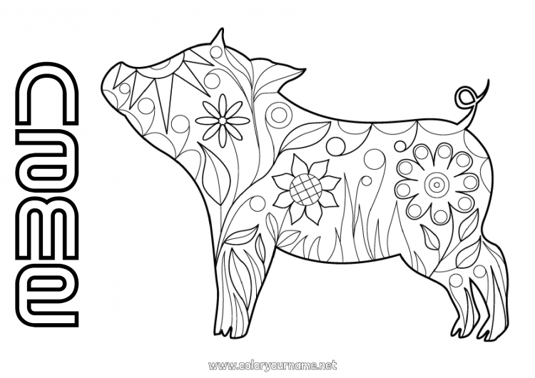 Coloring page to print Flowers Mandala Pig Spring Animal Chinese New Year Farm Farm animals