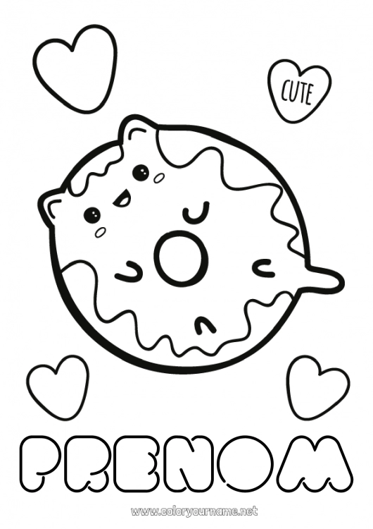 Coloriage à imprimer Mignon Kawaii Nourriture Donuts Gourmandises, sucreries