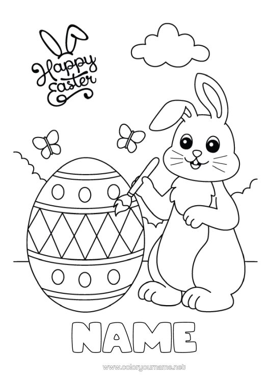 Colouring page to print Art Cute Rabbit Animal Easter Eggs Easter "Happy Easter" Message Forest Animals Easter Painted Eggs