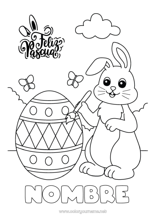 Dibujo para colorear para imprimir Arte Kawaii Conejo Animales Huevos de Pascua Pascua de Resurrección Mensaje de 