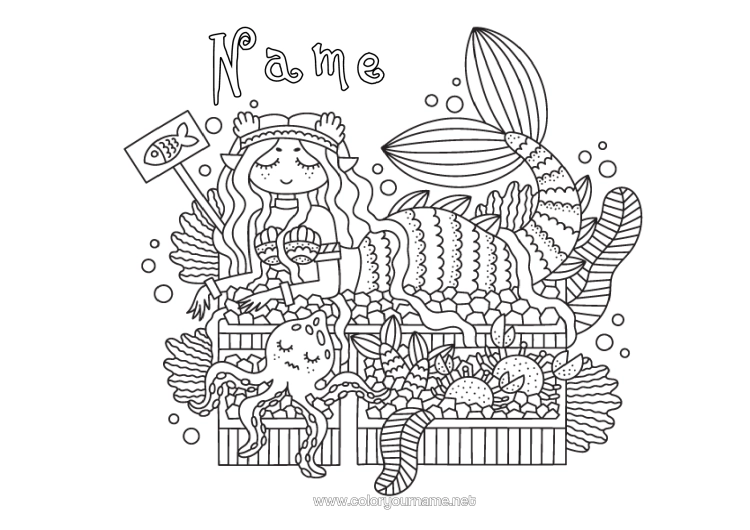 Colouring page to print Sea Siren Marine Or Aquatic Animals Octopus