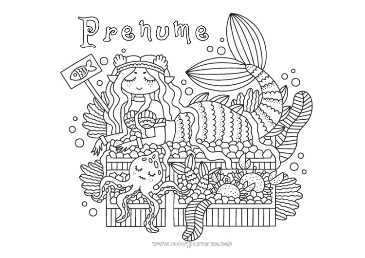 Pagină de colorat de imprimat Mare Sirena Animale marine sau acvatice Caracatiță, polip