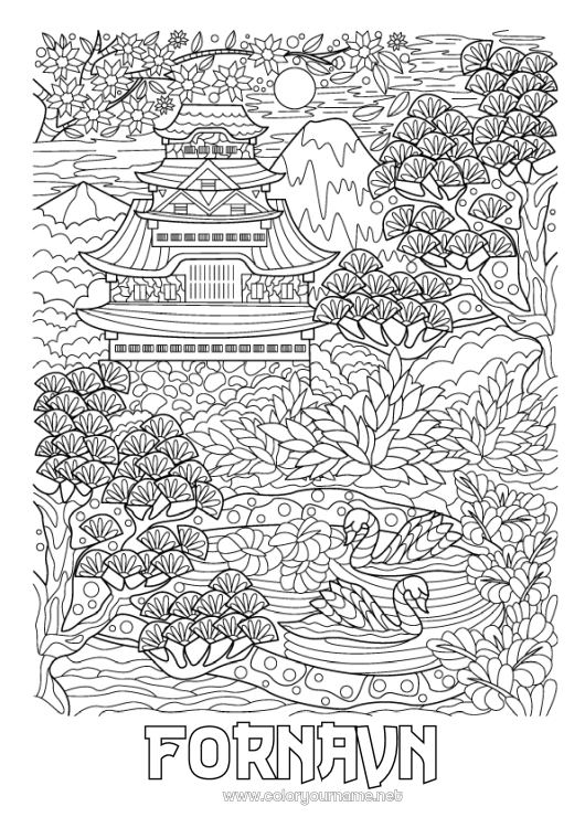 Fargeleggingssiden til utskrift Mandala Japan Svanen Fugler og flygende pattedyr