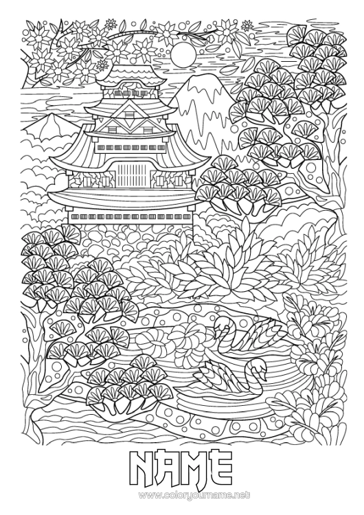 Colouring page to print Mandala Japan Swan Birds And Flying Mammals