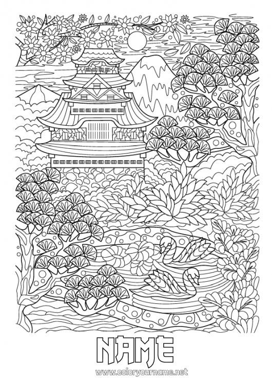 Coloring page to print Mandala Japan Swan Flying birds and mammals