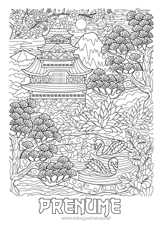 Pagină de colorat de imprimat Mandala Japon Lebădă Păsări și mamifere zburătoare