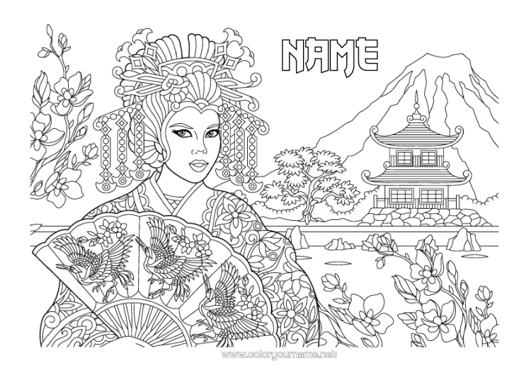 Colouring page to print Japan Cherry Tree Pagoda