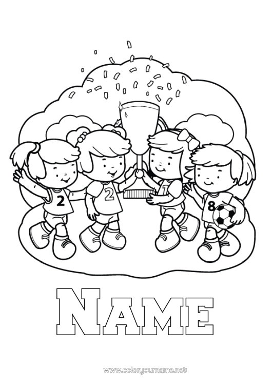 Colouring page to print Football Sport Girl Cup, Trophy, Medal Team Sports Competitions And Awards Women's Football Footballer