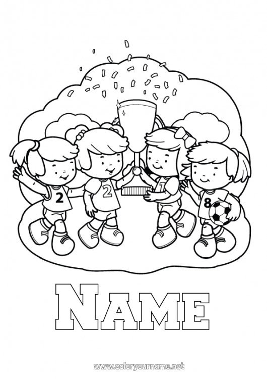 Coloring page to print Football Sport Girl Cup, trophy, medal Team sports Competitions and Rewards Women's football Soccer player