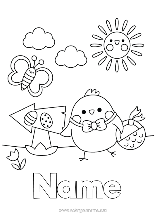 Colouring page to print Cute Spring Sun Chick Butterfly Animal Easter Eggs Easter Symbols Easy Colouring Pages Insects Farm Animals