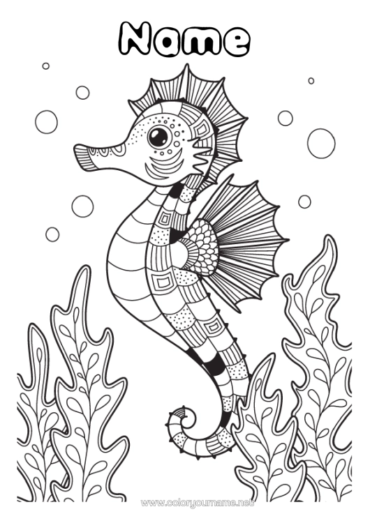Colouring page to print Mandala Animal Seahorse Marine Or Aquatic Animals