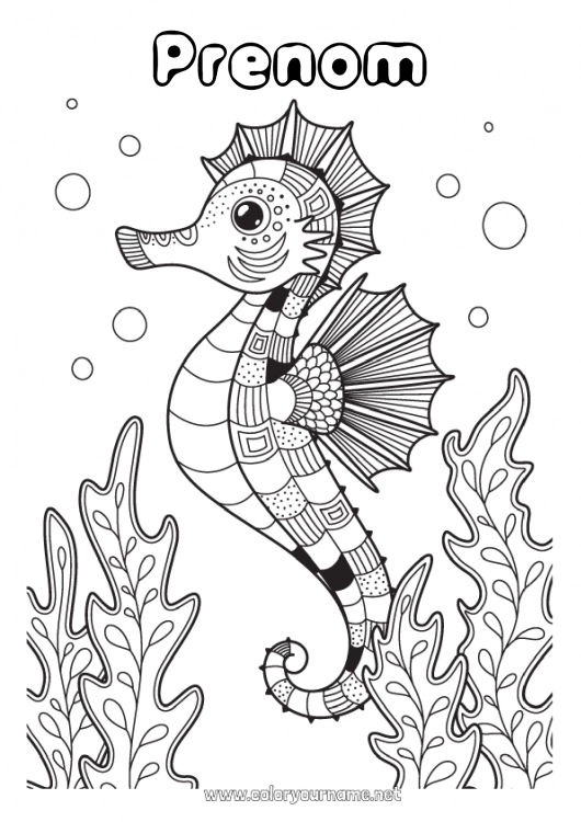 Coloriage à imprimer Mandala Animal Hippocampe Animaux marins ou aquatique