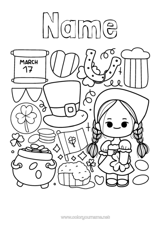 Colouring page to print Girl Fortune Clover Horseshoe St Patrick's Day Drink Beer