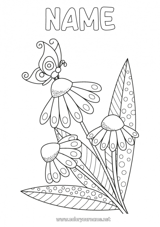 Coloring page to print Flowers Summer Spring Butterfly Animal Daisy Insects