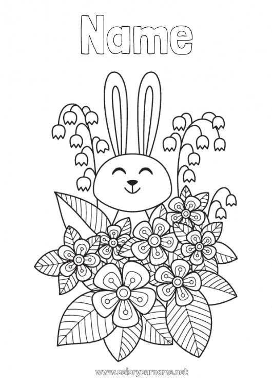 Coloring page to print Flowers Spring Bunny Animal Lily of the valley 1st may Forest animals