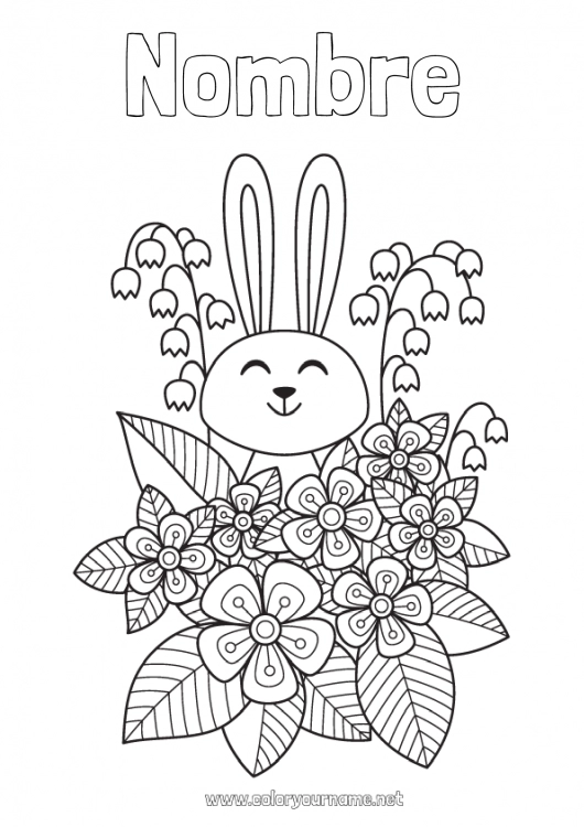 Dibujo para colorear para imprimir Flores Primavera Conejo Animales Lirio de los valles 1 de mayo Animales del bosque