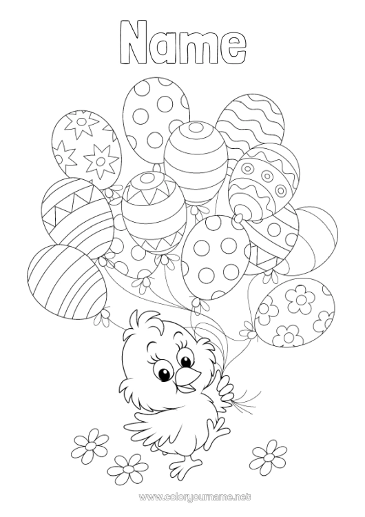 Colouring page to print Balloons Spring Chick Animal Easter Farm Animals