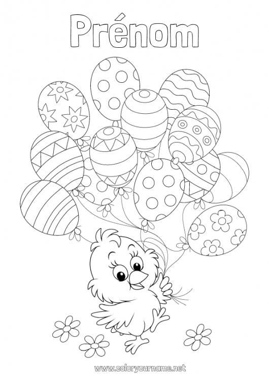 Coloriage à imprimer Ballons Printemps Poussin Animal Pâques Animaux de la ferme