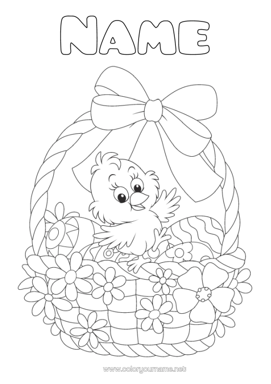 Colouring page to print Spring Chick Animal Easter Eggs Easter Basket Farm Animals
