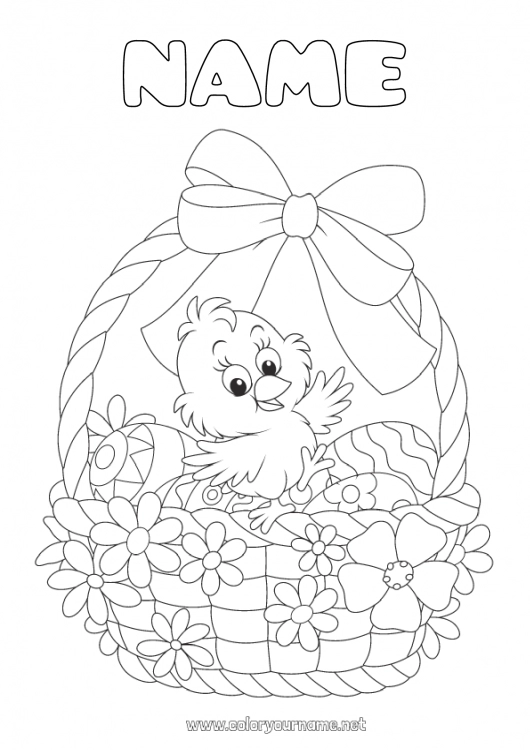 Coloring page to print Spring Chick Animal Easter eggs Easter Basket Farm animals