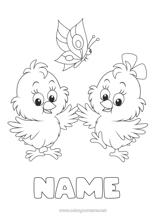 Colouring page to print Spring Chick Butterfly Animal Insects Farm Animals