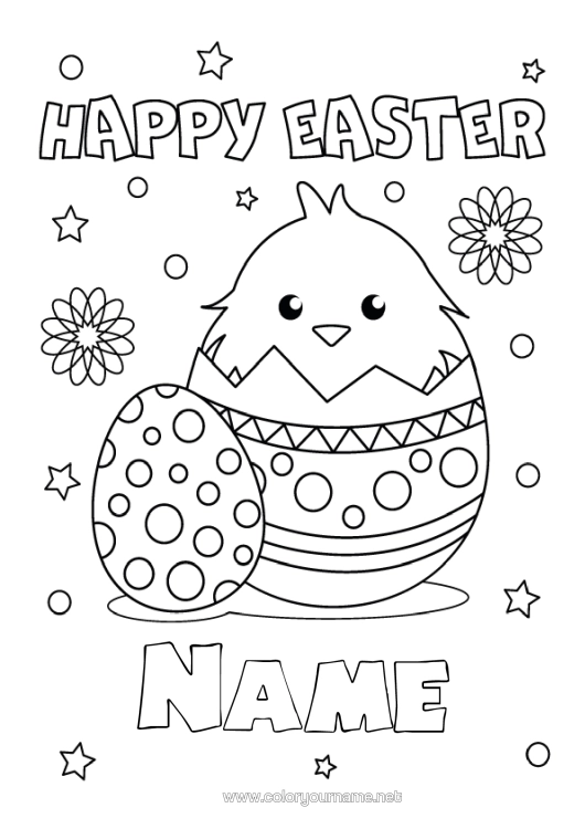 Colouring page to print Chick Easter Eggs Easter "Happy Easter" Message Farm Animals
