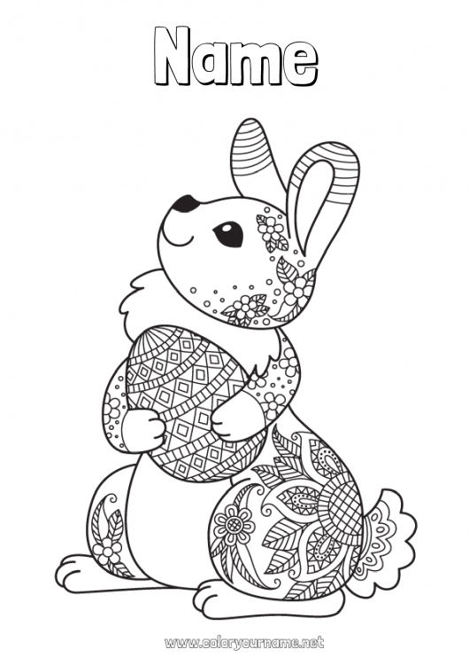 Coloring page to print Mandala Bunny Animal Easter eggs Easter Forest animals