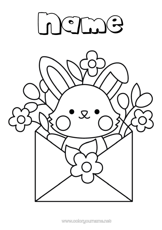 Colouring page to print Flowers Spring Rabbit Animal Envelope Forest Animals