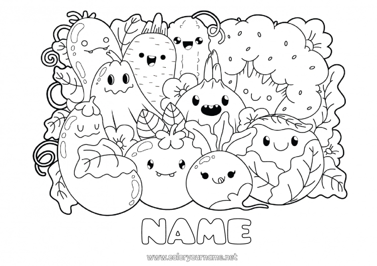 Coloring page to print Cute Kawaii Food Vegetables