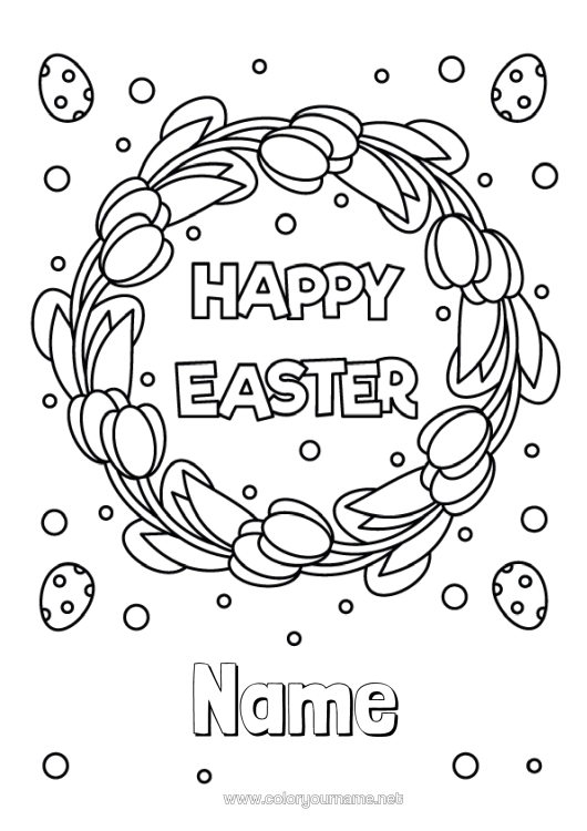 Colouring page to print Flowers Spring Easter Eggs Easter "Happy Easter" Message