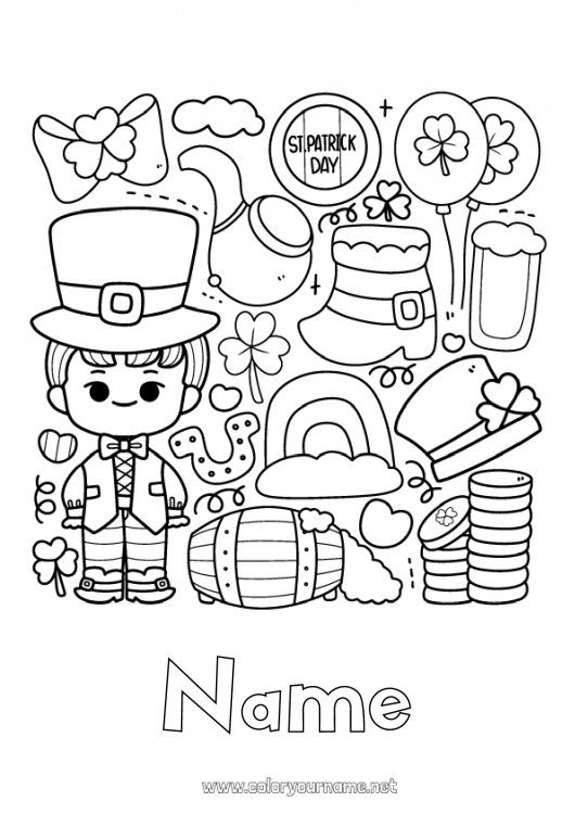 Coloring page to print Luck Clover Ireland Horseshoe Saint Patrick's Day